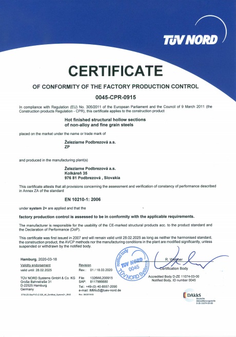 TÜV NORD - CE EN 10210 - certifikát